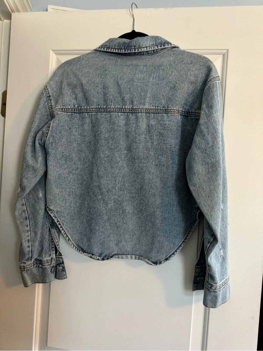Distressed Light Blue Denim Jacket - Women's Cropped Jean Coat